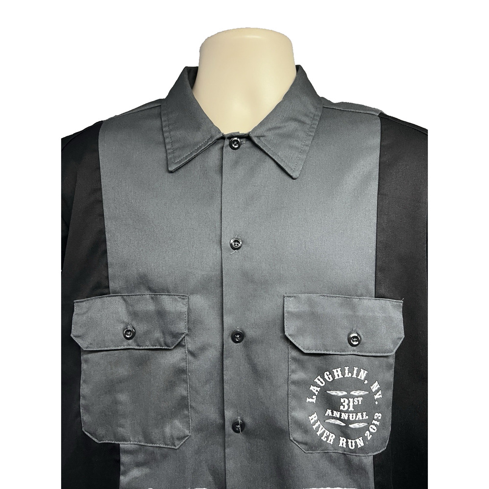 Dickies Gray Black Double Graphic Embroider Mechanic Garage Button Up Shirt L - Picture 4 of 10